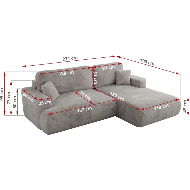 Ecksofa OVO mit schlaffunktion und bettkasten, Wellenfeder, lose Kissen, L-form 271x195 cm - Hellgrau Plüsch - linke Seite – Bild 6