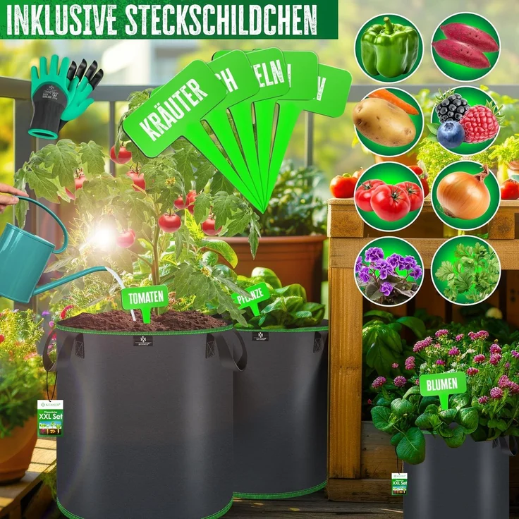 KESSER® Pflanzsack | Pflanzsäcke aus Vlies-Stoff mit Namensschildern | Kartoffel-Pflanztasche mit Fenster & Griffen | Pflanzbeutel für Gemüse Blumen Früchte Schwarz, 27 Liter, 5er Set – Bild 4