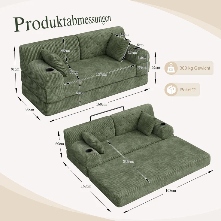 TavilaEcon 2-Sitzer Schlafsofa, komprimiertes Cord Sofa mit hoher Rückenlehne grün 81 × 80 × 168 cm (H × T × B) – Bild 2