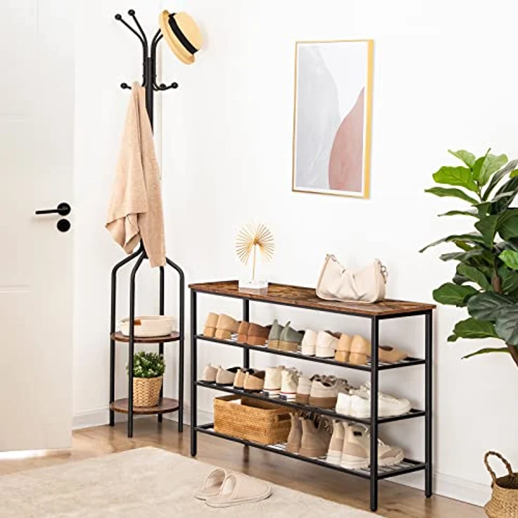 HOOBRO 4 Ebenen Schuhregal, Schuhablage schmal, 100 x 30 x 68 cm, Schuh-Organizer mit sitzfläche, Eingang, Wohnzimmer, Flur, Schlafzimmer, Industrielle, Dunkelbraun-Schwarz EBF04XJ01 – Bild 3