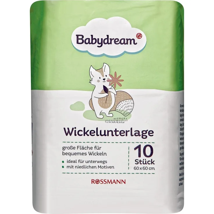 Babydream Wickelunterlage 1x10 Stück große Fläche für bequemes Wickeln, ideal für unterwegs, mit niedlichen Motiven, Maße: ca. 60/60 cm