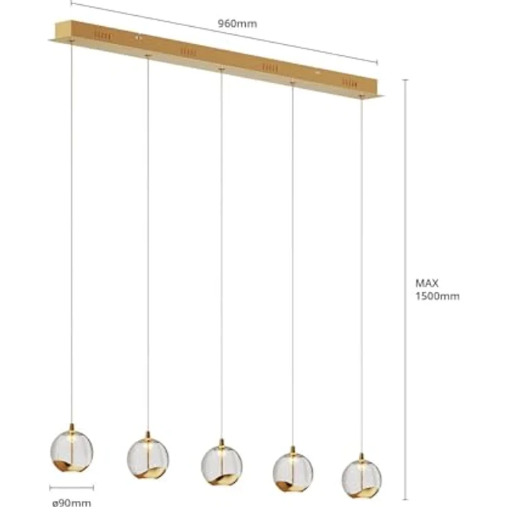 Lucande LED-Pendellampe Hayley, 96 cm, 5-flg., gold mit Glaskugeln und Blasenstruktur – Bild 7