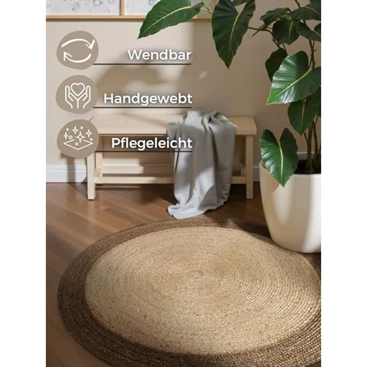 XXXL Juteteppich Jutta, rund, Creme und Greige, Oeko-Tex® Standard 100, beidseitig verwendbar, für Fußbodenheizung geeignet, pflegeleicht, strapazierfähig, Durchmesser 240 cm – Bild 3