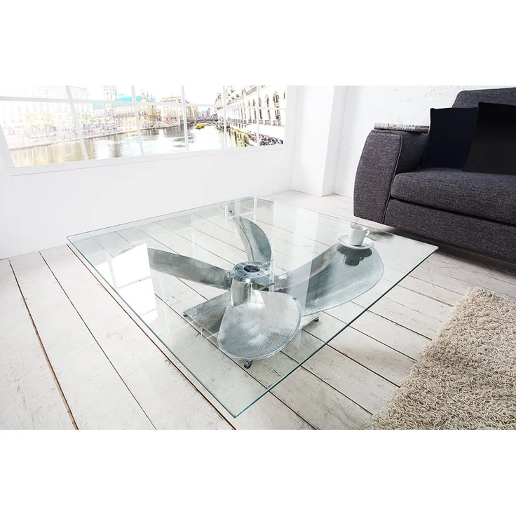 Design Couchtisch ELICA 80cm silber Aluminium Schiffsschraube Maritim Glasplatte – Bild 3