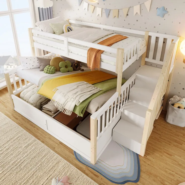 Etagenbett mit 2 Liegeflächen, Stauraum und Rausfallschutz, 90x200cm/140x200cm, Treppe mit Regal, Kinderbett, Jugendbett, Kiefer