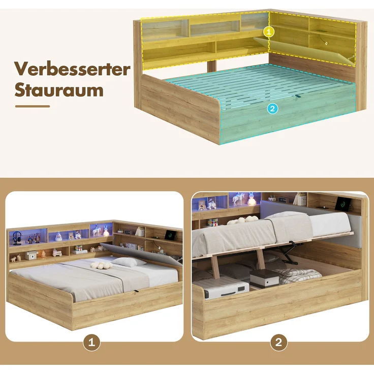 Merax Kinderbett 140x200 cm, Holzbett, Jugendbett, Daybett, Hydraulisches Stauraumbett, mit USB-Ladestation und LED-Beleuchtung, Naturfarbe – Bild 6