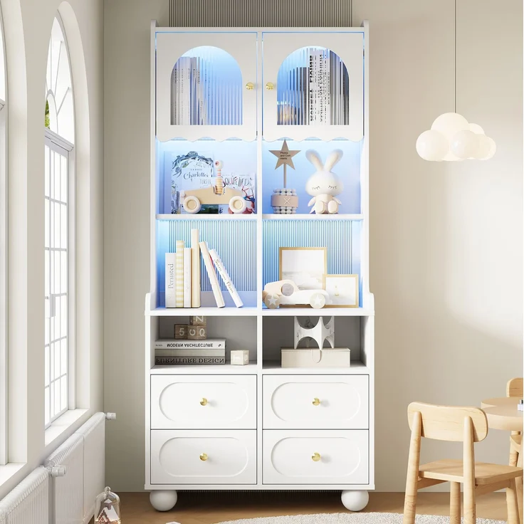 Glasvitrine 80 x 40 x 180 cm mit Rippglastür, LED-Beleuchtung und vier Schubladen – Weiß – Bild 1