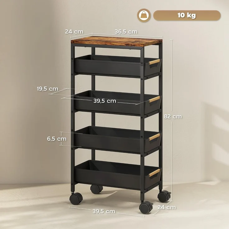 HOMCOM Küchenwagen, Metall, Kunststoff, Schwarz, 39,5L x 24B x 82H cm – Bild 5