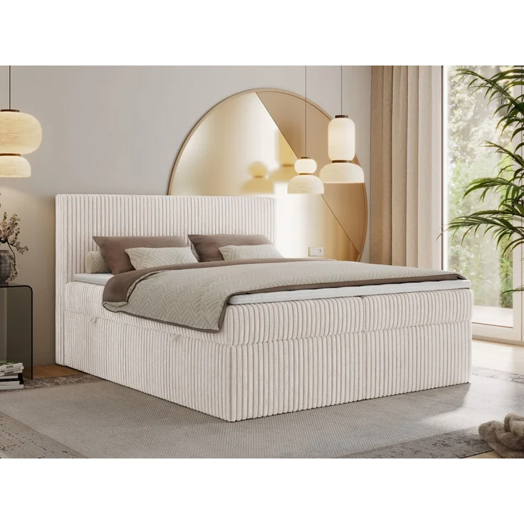 Boxspringbett mit Kopfteil und Topper Visco, Cord Bett - TILIANO - 180 x 200 cm - Beige Cord - H4 – Bild 1