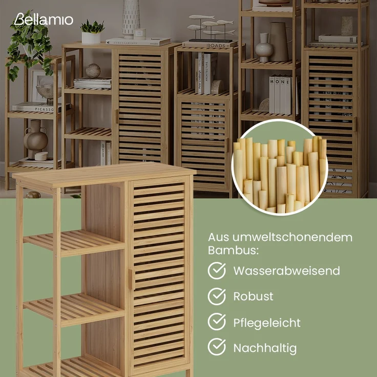 Bellamio 'Newa' Badezimmer Set aus Waschbeckenunterschrank und Badschrank mit 6 Ablagefächern, Bambus, natur – Bild 2
