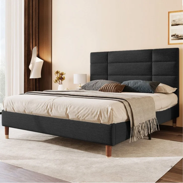 SOFTWEARY Polsterbett (Doppelbett mit gepolstertem Kopfteil und Lattenrost, 140x200 cm), Bezug aus Leinen – Bild 3