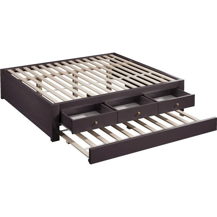 Holzbett 140x200 cm mit 3 Schubladen und ausziehbarem Gästebett – Kaffeebraun (ohne Matratze) – Bild 7