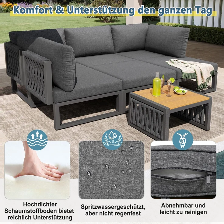 Merax Gartenlounge-Set, 6-Sitzer Gartenmöbel Set, Garten Loungesessel für 6 Personen, Doppelliege für den Außenbereich, Verstellbarer Rückenlehnenwinkel, Grau – Bild 6