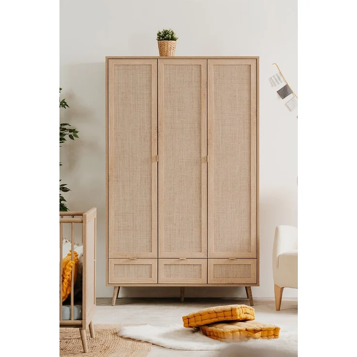 Calicosy 'BALI' Schrank mit Türen, Schubladen und Kleiderstangen L120cm - Rattan-Druck - Helles Holz – Bild 2