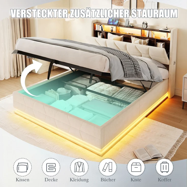 LVHOM Doppelbett 140x200cm mit LED&USB, Polsterbett mit hydraulischem Stauraum, Samtstoff, Beige – Bild 3