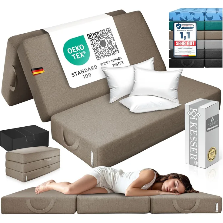 KESSER® Klappmatratze Gästematratze 3-fach Faltmatratze faltbar zum Sitzhocker | Schaumstoff 25kg/m³ extra dick 15cm atmungsaktiv waschbar abnehmbarer Bezug | Matratze inkl. Camping Tragetasche Taupe, 140 x 195 x 15 cm