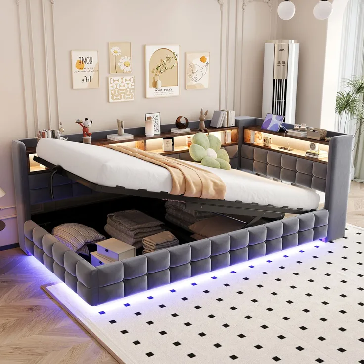 Polsterbett Liegefläche 90×200 cm mit Bettkasten, LED und Steckdose, Grau, ohne Matratze