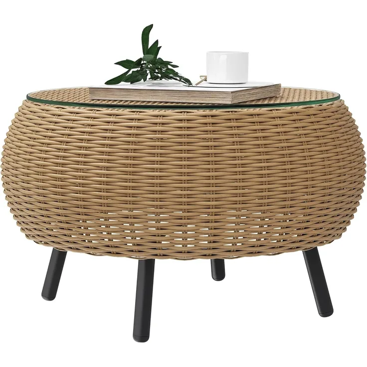 Outsunny Gartentisch mit Glas Tischplatte (Beistelltisch aus Polyrattan, 1-St, runder Kaffeetisch), für Garten Terrasse Balkon, Ø75 x 42 cm Braun