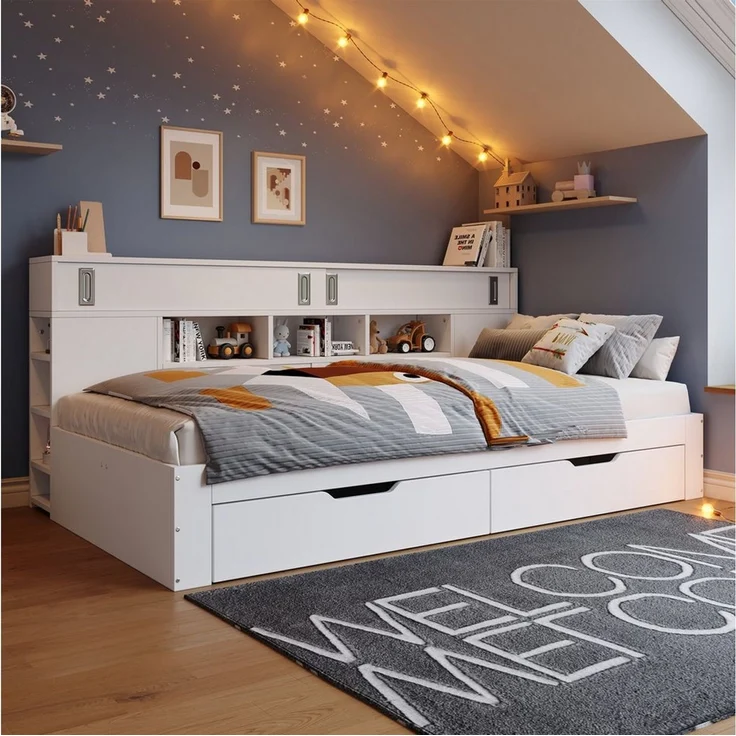 EXTSUD Kinderbett Kinderbett 90×200 cm – Daybed mit Schubladen, Regal & Stauraum (Bettkasten mit Stauraum,ohne Matratze,weiß), mit Schubladen,Bücherregal und Stauschrank – Bild 3