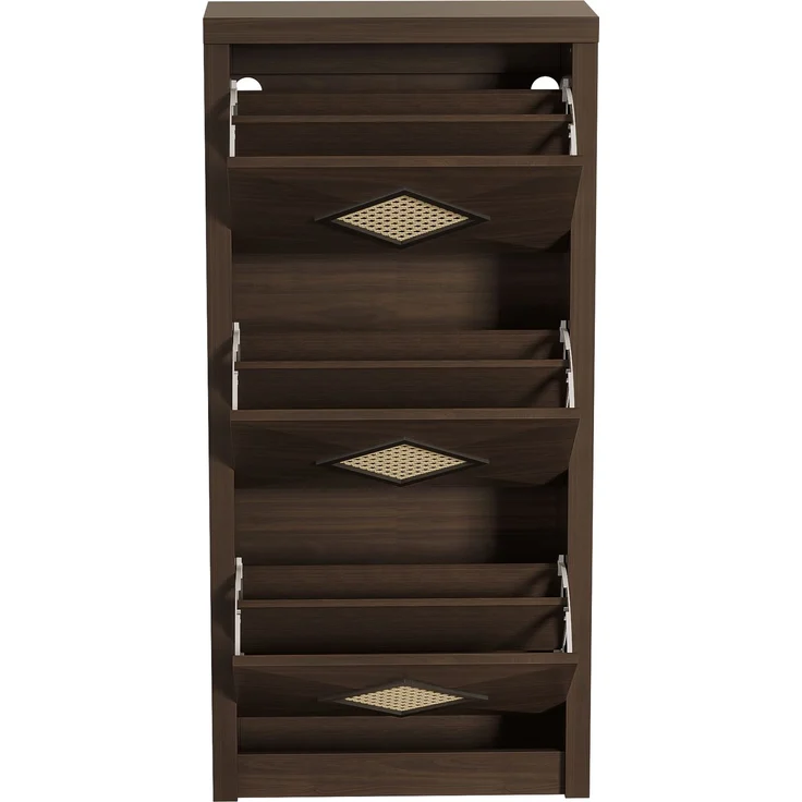 Schuhschrank, Holzoptik mit Rattan-Dekor & 3 Klappfächern, 54x25x115 cm, Walnussfarbe – Bild 6