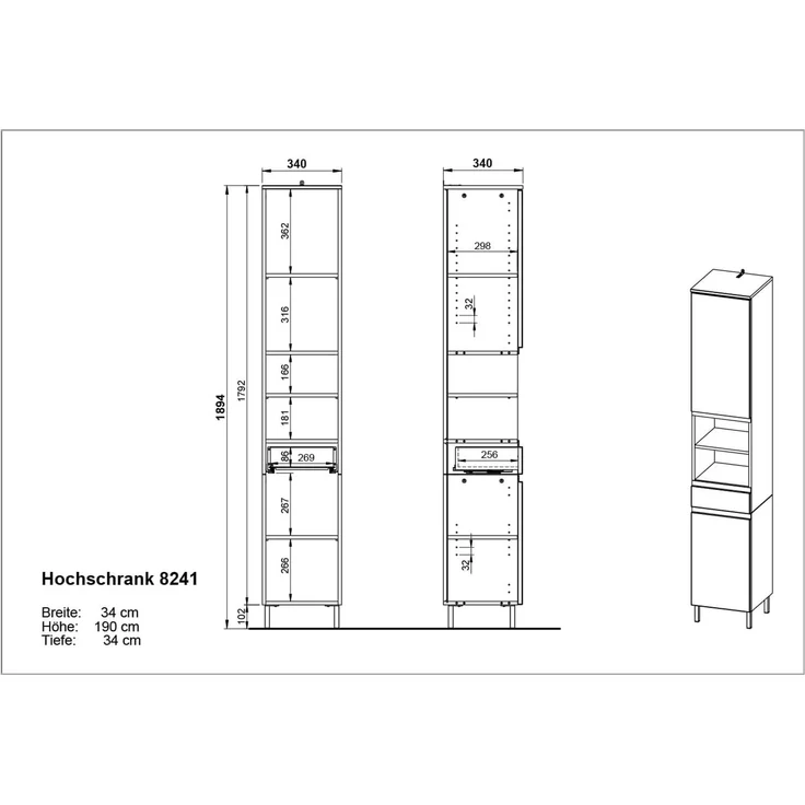 GERMANIA Hochschrank Scantic Breite 34 cm, Badezimmerschrank, 2 Türen, 1 Schubkasten, 2 Fächer – Bild 3