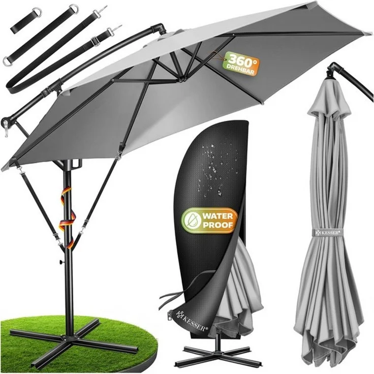 KESSER® Alu Ampelschirm Sonnenschirm + Abdeckung Ø300 cm / Ø350 cm mit Kurbelvorrichtung Kurbelschirm mit Ständer UV-Schutz Aluminium Wasserabweisende Bespannung - Schirm Gartenschirm Marktschirm 300cm, Hellgrau – Bild 1