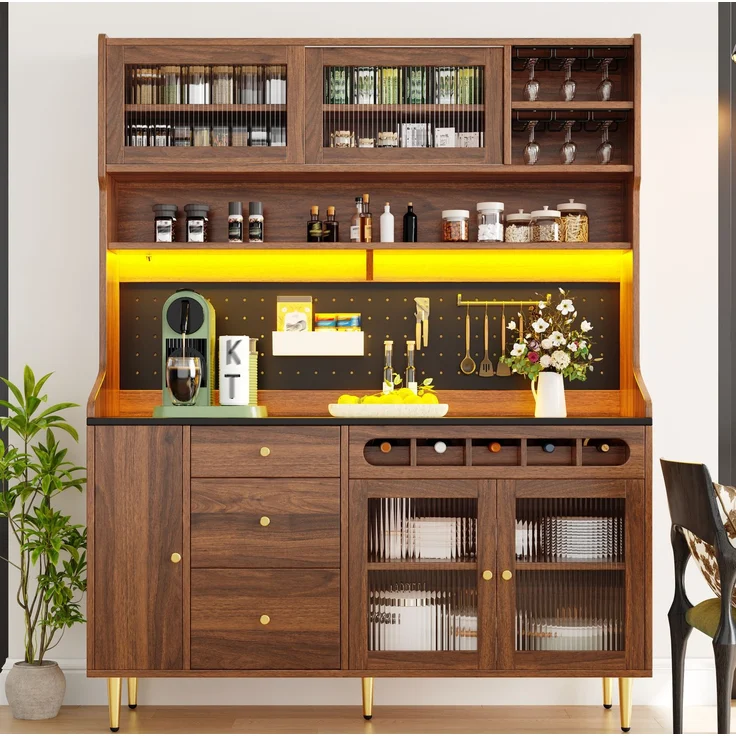 Hochschrank 145x39x171 cm mit LED-Beleuchtung, Glasschiebetüren und Weinfach - Walnuss – Bild 2