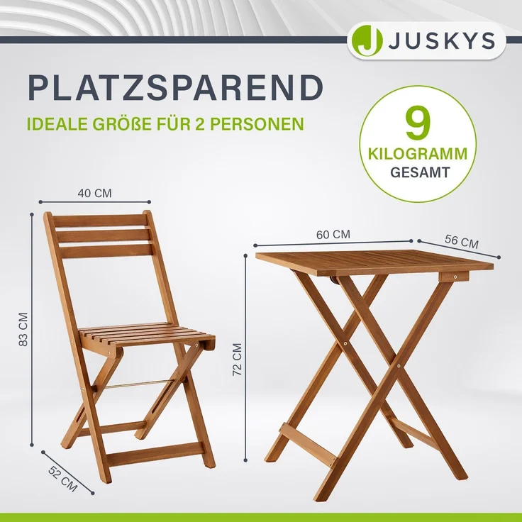 Juskys 'Bala' Balkonmöbel Set - Sitzgruppe 3 teilig für 2 Personen, klappbar, Akazienholz natur, 60 x 56 x 72 cm – Bild 3