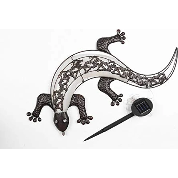 Spetebo Solar Wandbild Gecko, ca. Ø 72 cm, Metall Garten Wand Dekoration im Antik Look mit warmweißen LED und Einschaltautomatik – Bild 2