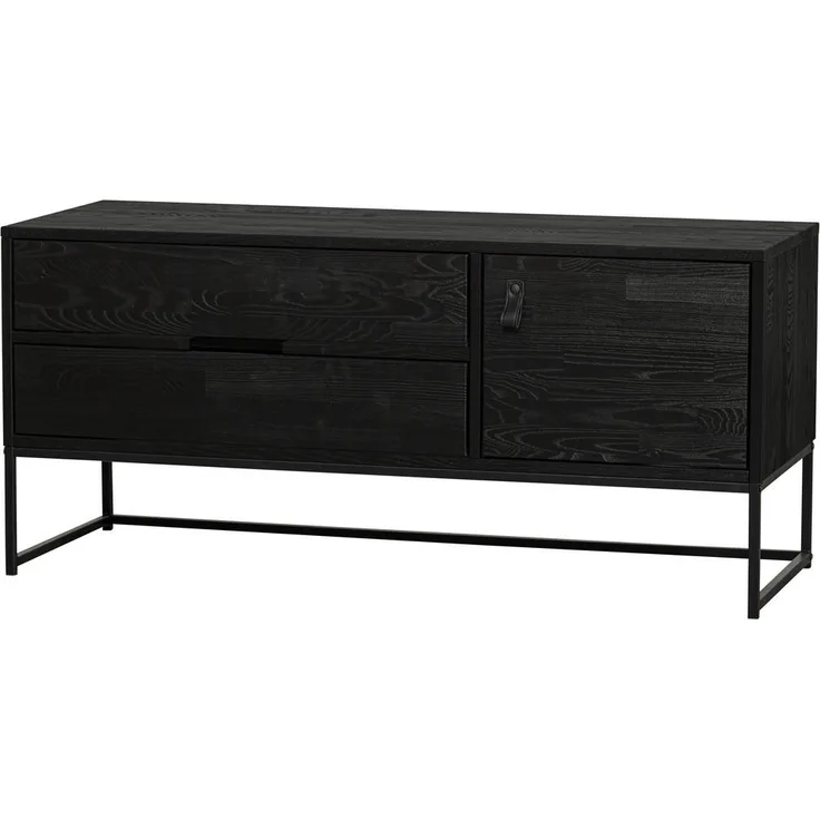 Livetastic Lowboard Silas, Schwarz, Leder, massiv aus Kiefer, 1 Fach, 2 Schubladen, 120x55x44 cm, stehend, in verschiedenen Holzdekoren erhältlich