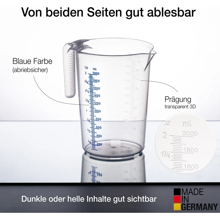BigDean Messbecher-Set - 3 Größen: 500ml, 1L, 2L - bruchsicher, temperaturbeständig, farbige Skala transparent & blau - aus PP-Kunststoff lebensmittelecht - Made in Germany – Bild 2