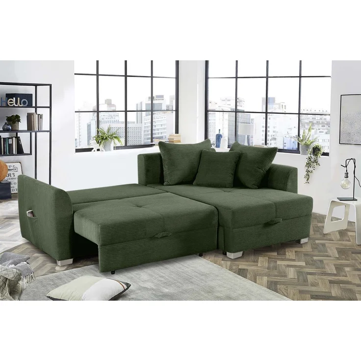 Ecksofa L-Form Couch Polsterecke ausziehbar Schlaffunktion Bettkasten Cord Grün – Bild 3