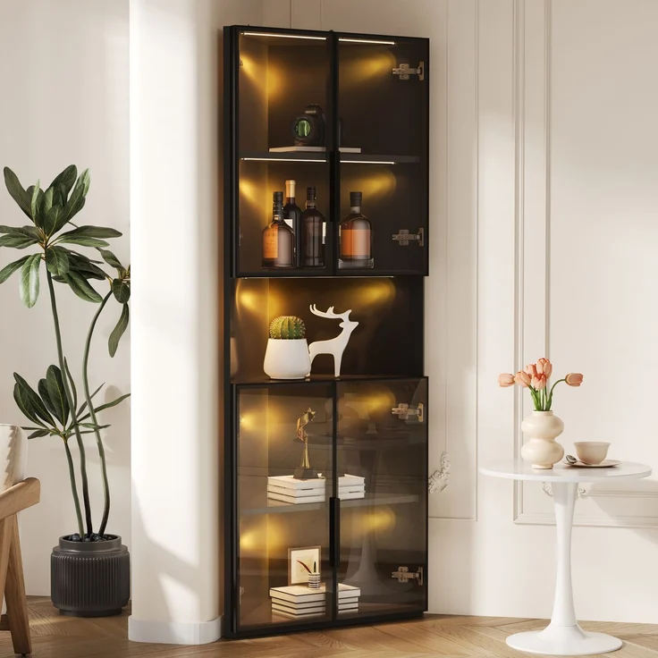 ZUBALIYA Dreieckige Vitrine 62x32x160cm – Schwarzer Eckschrank mit Glasfront, LED-Beleuchtung, Offener Mittelbereich – Display-Schrank für Sammlerstücke, Gläser & Dekoration – Bild 1