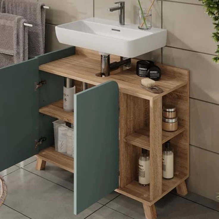 Vichy Badmöbel-Set Karen, 3-teilig mit Waschbeckenunterschrank und Spiegelschrank, Sonoma/Blau – Bild 4