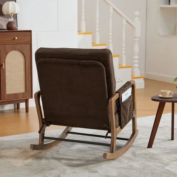 LVHOM Schaukelstuhl mit ausziehbarer Fußstütze, Relaxsessel mit verstellbare Rückenlehne, Loungesessel mit Seitentasche, bis 150 kg belastbar, Braun – Bild 10