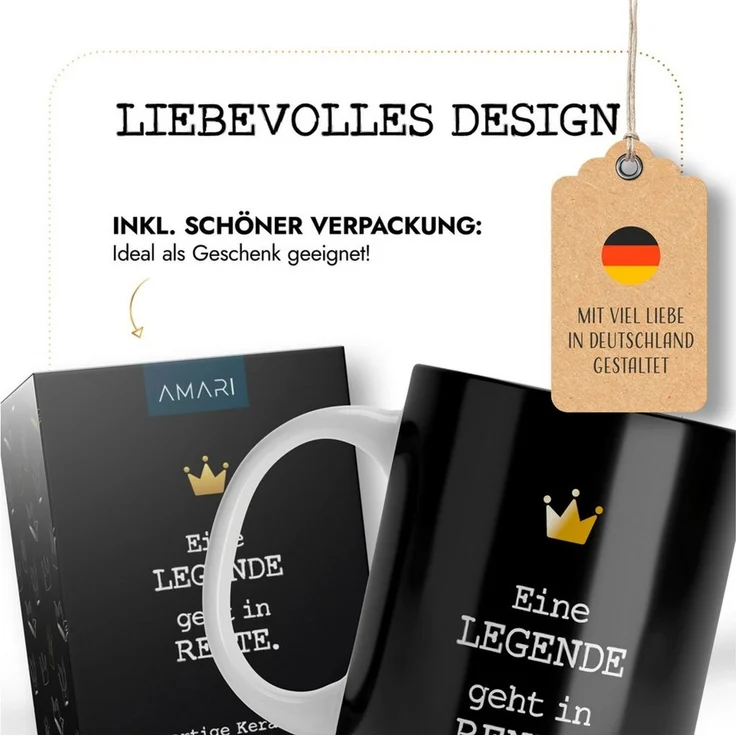 Amari Tasse Rentner Lustiges Geschenk für den Ruhestand Bürotasse, Keramik, hochwertige Goldveredelung, Kaffeetasse, Teetasse, Rente – Bild 3