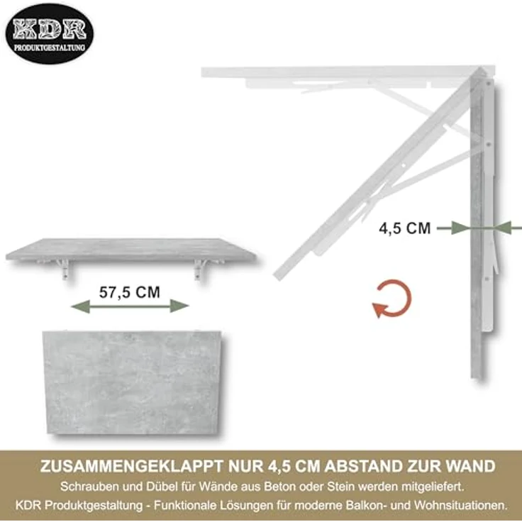 KDR Produktgestaltung Klapptisch 80x50 Wandklapptisch Esstisch Küchentisch Schreibtisch Wand Tisch, Beton – Bild 6