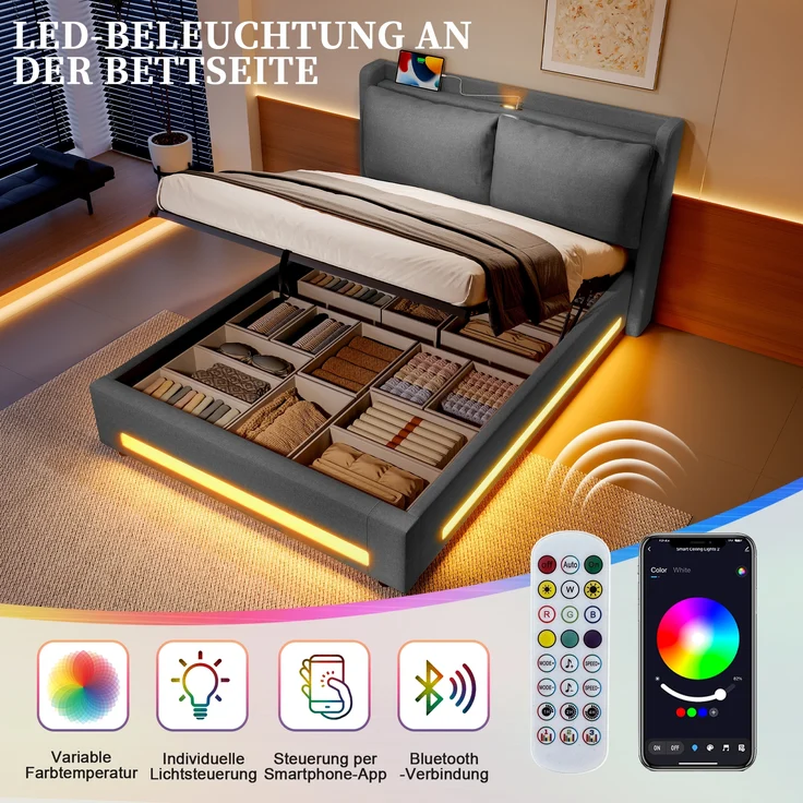 LVHOM Polsterbett 140x190cm mit LED&USB, Doppelbett mit Stauraum, Stauraumbett mit abnehmbaren Kissen, Bettgestell Massiv, Samtstoff, Grau – Bild 6