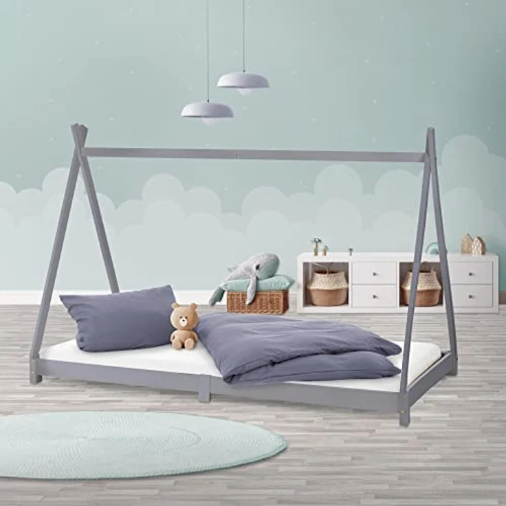 ML-DESIGN Spielbett Hausbett Tipi Zeltbett inkl. Lattenrost Bodenbett Kinder Himmelbett, Abenteuerbett zum Spielen Zelt Kinderbett Kiefer Bettenhaus Bett Grau – Bild 8