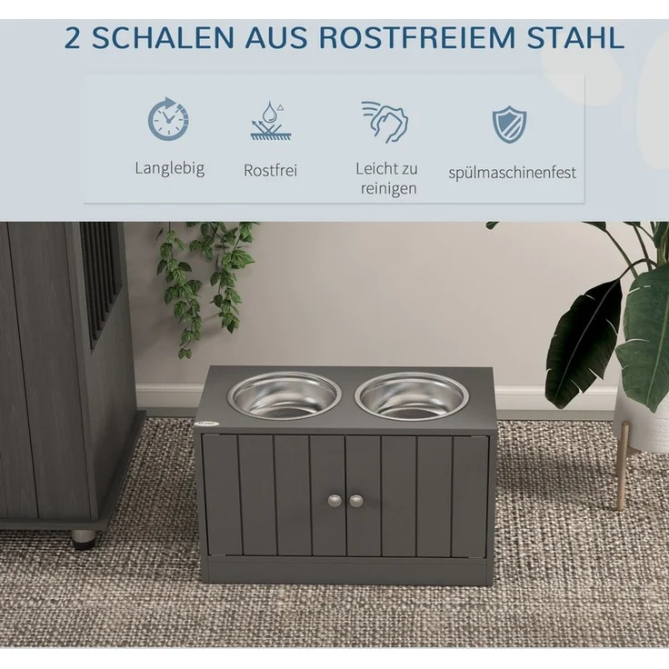 PawHut Futternapf Erhöhter Hundenapf, Futternapf mit Stauraum, Wassernapf 2x2000 ml, Edelstahl, Wassernapf für große Hunde, Grau – Bild 3