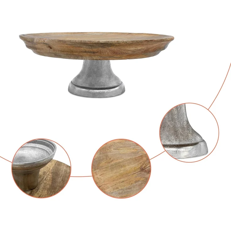 Spetebo Servierteller Mango Deko Teller mit Fuß aus Aluminium - Ø 30 cm, Holz, (Dekorativer Teller, 1-tlg, Inhalt), Holz Servierständer mit Metall Standfuß – Bild 4