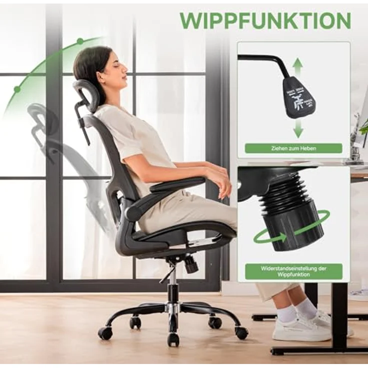 GTPLAYER Bürostuhl Ergonomisch, Schreibtischstuhl mit Verstellbarer Kopfstütze, Armlehnen, Lendenwirbelstütze, Büro Stuhl & Gaming Stuhl Wippfunktion, Chefsessel aus Mesh, 150kg(Schwarz) – Bild 7