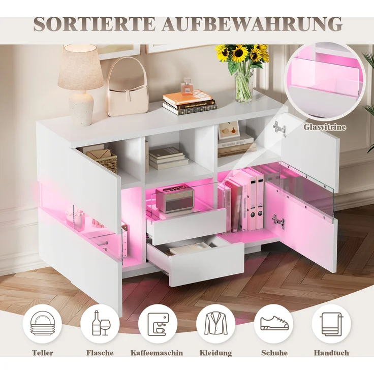 Wohnzimmerschrank aus Holzwerkstoff mit Glasvitrine & LED, 140x35x75 cm, Weiß – Bild 5