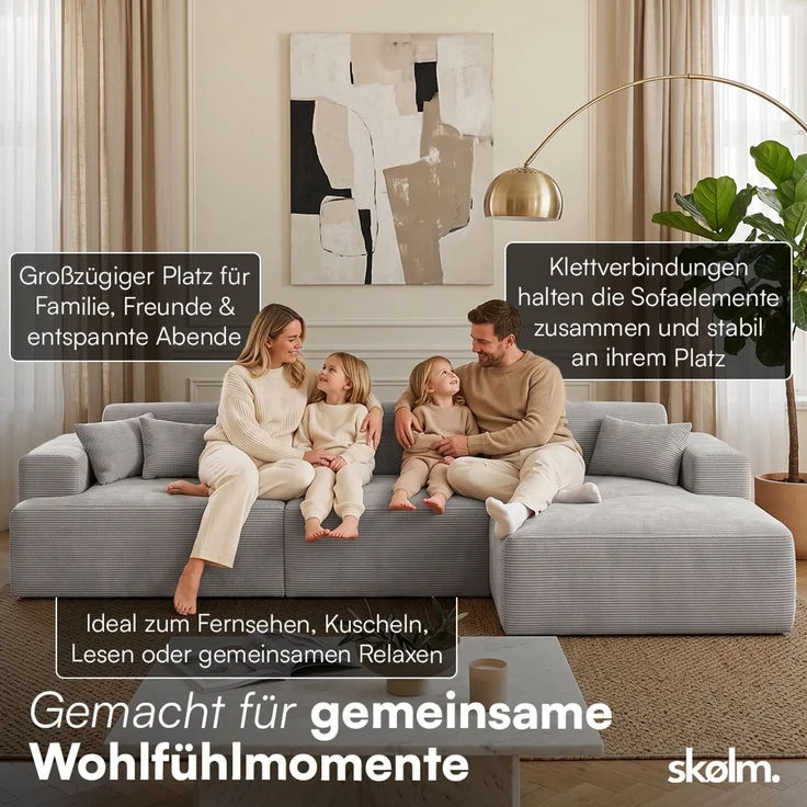 skølm 'Freki' Cloud Sofa 3 Sitzer mit Hocker, Vollschaumcouch mit Federkern und Vakuum-Kompression, kein Aufbau erforderlich, mit 3 Kissen, Cord grau – Bild 4