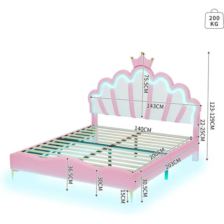 140*200cm Flaches Doppelbett, kronenförmiges Prinzessinnenbett, weiche Polsterung aus PU-Leder, verstellbarer LED-Umgebungslichtstreifen,Rosa – Bild 5