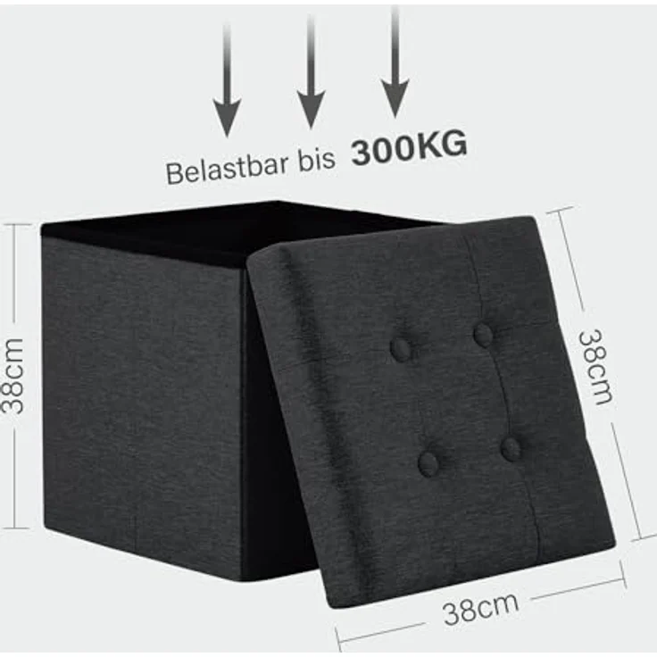 Zedelmaier Sitzhocker mit Stauraum, Fußbank Truhen Aufbewahrungsbox faltbar belastbar bis 300 kg, Leinen, 38 x 38 x 38 cm (Dunkles Schwarz) – Bild 4