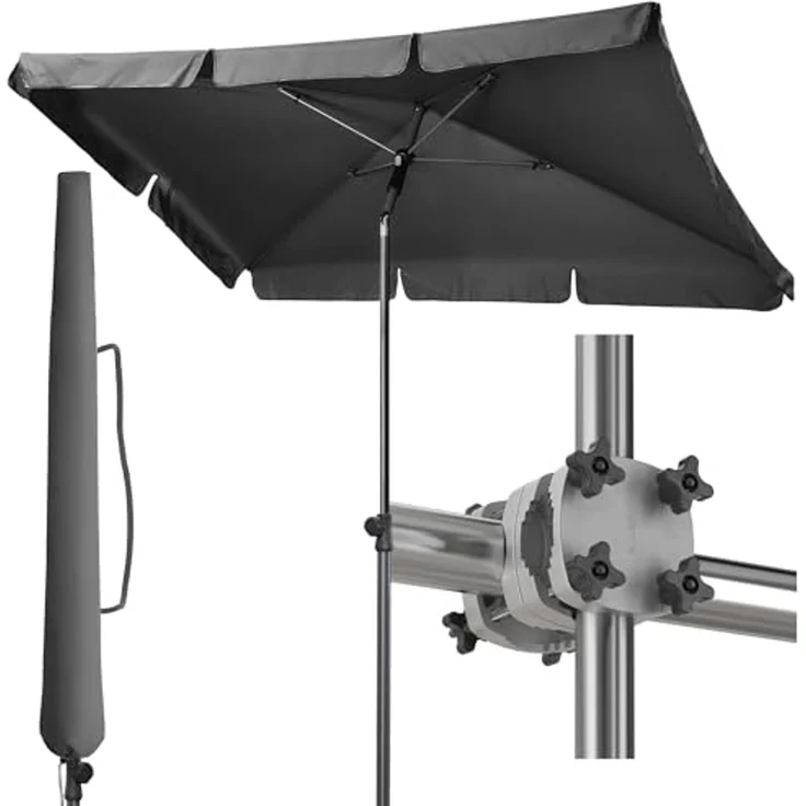 Menz Sonnenschirm Balkon - 3-IN-1 Sonnenschutz Balkon SET in Anthrazit, UPF 50+ Sonnenschirm rechteckig 200x125 cm + stabiler Sonnenschirmhalter Balkongeländer + Sonnenschirmhülle – Bild 1