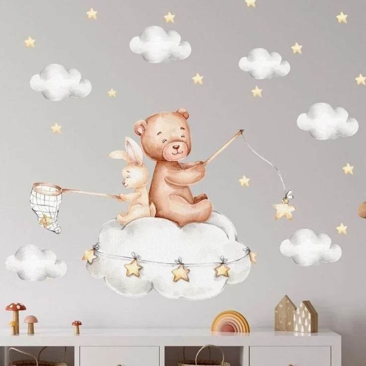Montegoni Wandsticker Bär & Hase Wolken Wandsticker mit Mond und Sternen – Kinderzimmer (1 Set Wandsticker Bär Hase Wolken Mond Sterne), Selbstklebend, abnehmbar, wasserfest, rückstandslos entfernbar – Bild 4