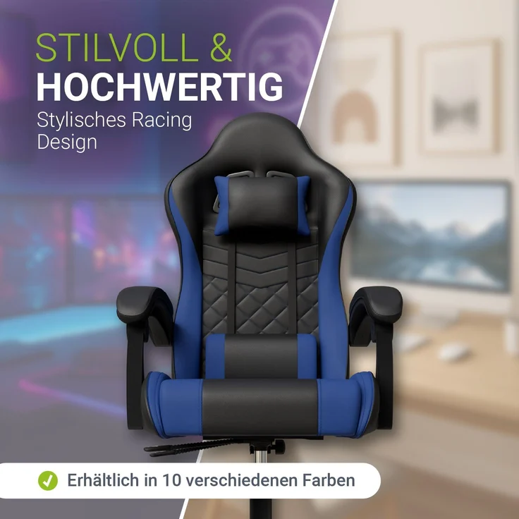 Juskys Gamingstuhl HyperSeat, verstellbare Rückenlehne, höhenverstellbarer Drehstuhl, Kunstleder, ergonomisch, für Büro & Gaming Setup – Schwarz/blau – Bild 3