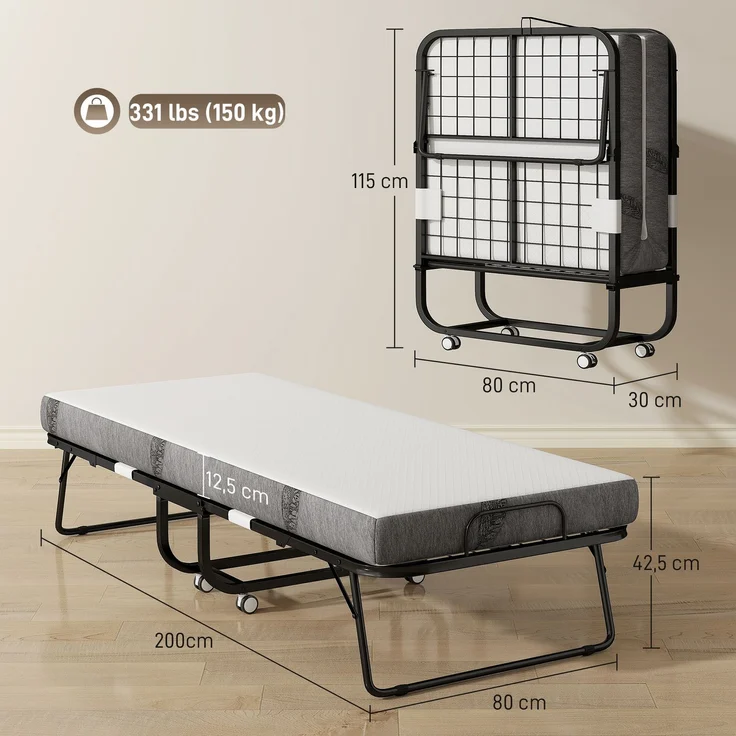Klappbett für 1 Person, 200 x 80 cm, mit Matratze, zusammenklappbares und transportables Zusatzbett auf Rollen, Stahlrahmen, weiß – Bild 5